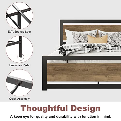 MERRLAND Queen Size Bed Frame with Wood Headboard and Footboard, Solid and Stable, No Box Spring Needed, Easy Assembly, Noise Free, Brown