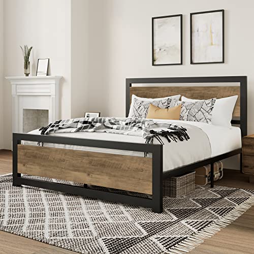 MERRLAND Queen Size Bed Frame with Wood Headboard and Footboard, Solid and Stable, No Box Spring Needed, Easy Assembly, Noise Free, Brown