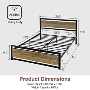 MERRLAND Queen Size Bed Frame with Wood Headboard and Footboard, Solid and Stable, No Box Spring Needed, Easy Assembly, Noise Free, Brown