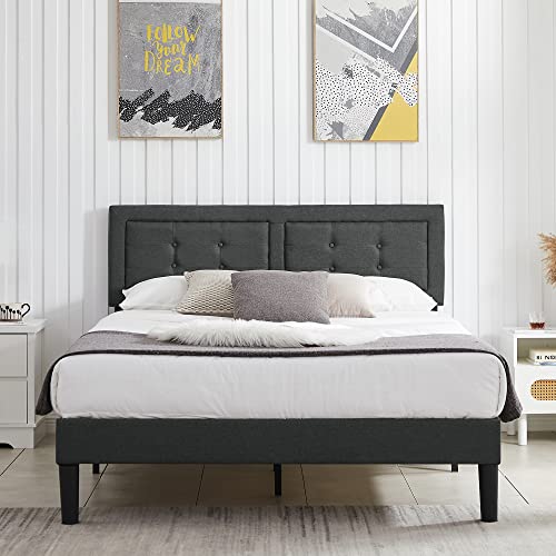 VECELO Full Size Platform Bed Frame with Height Adjustable Upholstered Headboard/Mattress Foundation/Strong Slat Support/No Box Spring Needed, Grey