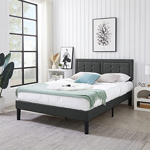 VECELO Full Size Platform Bed Frame with Height Adjustable Upholstered Headboard/Mattress Foundation/Strong Slat Support/No Box Spring Needed, Grey