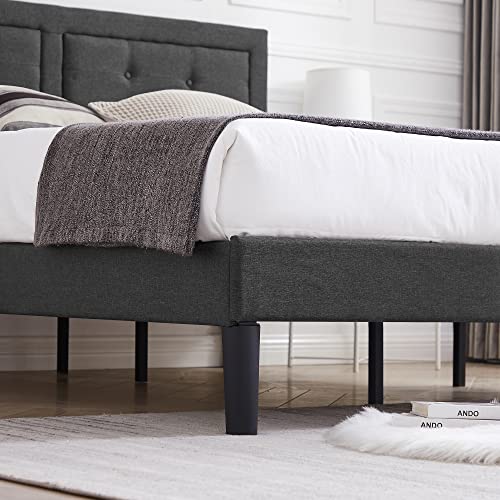 VECELO Full Size Platform Bed Frame with Height Adjustable Upholstered Headboard/Mattress Foundation/Strong Slat Support/No Box Spring Needed, Grey