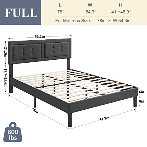 VECELO Full Size Platform Bed Frame with Height Adjustable Upholstered Headboard/Mattress Foundation/Strong Slat Support/No Box Spring Needed, Grey