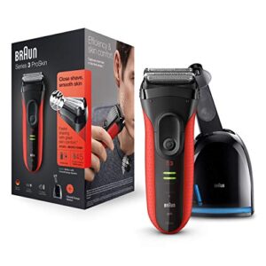 braun series 3 proskin 3050cc (japanese version) men’s electric foil shaver/rechargeable electric razor, and clean & charge station – black/red (red)