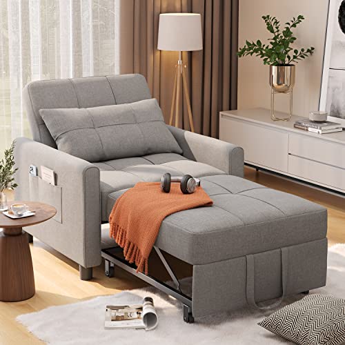 Noelse Convertible Sofa Chair Bed, 3-in-1 Multi-Functional Sleeper Chair Bed, Adjustable Backrest Recliner with Modern Linen Fabric for Living Room Bedroom Apartment Small Space, Gray