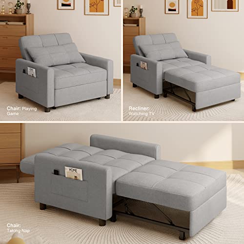 Noelse Convertible Sofa Chair Bed, 3-in-1 Multi-Functional Sleeper Chair Bed, Adjustable Backrest Recliner with Modern Linen Fabric for Living Room Bedroom Apartment Small Space, Gray