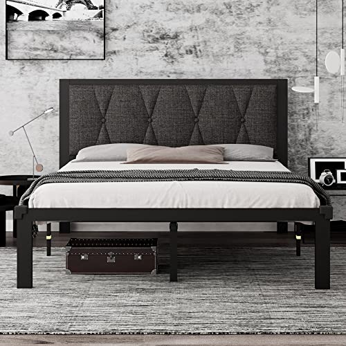 iPormis Full Metal Platform Bed Frame with Upholstered Headboard, Upgraded Heavy Duty Bed Frame with Steel Slats Support/12 Under Bed Storage, Noise Free, No Box Spring Needed, Dark Gray