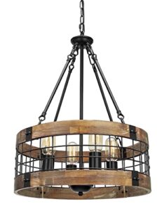 acnktz farmhouse rustic chandelier light fixture, 4-light round hanging pendant lighting for dining room entryway kitchen island foyer breakfast area, black wood and black metal finish