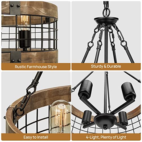 ACNKTZ Farmhouse Rustic Chandelier Light Fixture, 4-Light Round Hanging Pendant Lighting for Dining Room Entryway Kitchen Island Foyer Breakfast Area, Black Wood and Black Metal Finish