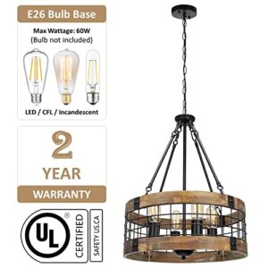 ACNKTZ Farmhouse Rustic Chandelier Light Fixture, 4-Light Round Hanging Pendant Lighting for Dining Room Entryway Kitchen Island Foyer Breakfast Area, Black Wood and Black Metal Finish