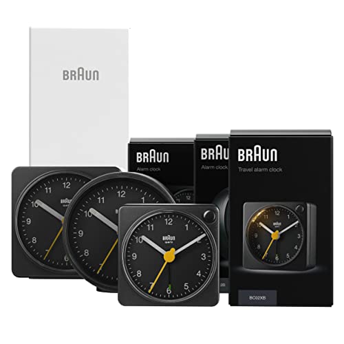 Braun Classic Triple Black Analogue Alarm Clock Home Gift Bundle with Snooze and Light, Quiet Quartz Movement, Crescendo Beep Alarm in Black, Model BC12B, BC02XB, BC03B (3 Pack)