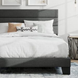 sha cerlin queen platform bed frame with upholstered fabric headboard, mattress foundation with strong wooden slats support, no box spring needed, grey