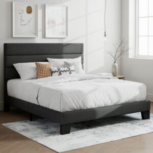 SHA CERLIN Queen Platform Bed Frame with Upholstered Fabric Headboard, Mattress Foundation with Strong Wooden Slats Support, No Box Spring Needed, Grey