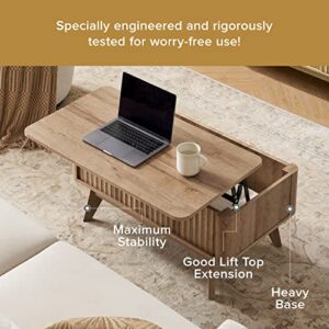 mopio Brooklyn Mid-Century Modern Lift Top Coffee Table, Waveform Panel with Hidden Storage, Sleek Curved Profile Lift Tabletop Dining Table (Golden Oak, Coffee Table)