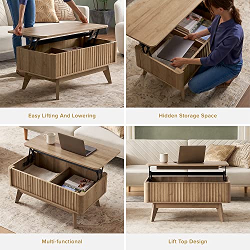 mopio Brooklyn Mid-Century Modern Lift Top Coffee Table, Waveform Panel with Hidden Storage, Sleek Curved Profile Lift Tabletop Dining Table (Golden Oak, Coffee Table)