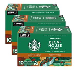 starbucks decaf house blend coffee k-cup pods, medium roast decaffeinated ground coffee k-cups for keurig brewing system, 10 ct k-cups/box (pack of 3 boxes)