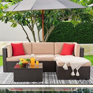 shintenchi 5 pieces patio furniture sets outdoor all-weather sectional patio sofa set pe rattan manual weaving wicker patio conversation set with glass table&ottoman cushion and red pillows