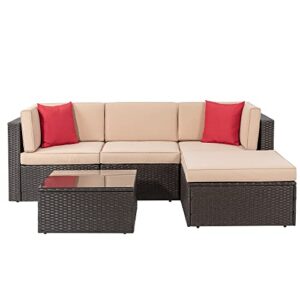 Shintenchi 5 Pieces Patio Furniture Sets Outdoor All-Weather Sectional Patio Sofa Set PE Rattan Manual Weaving Wicker Patio Conversation Set with Glass Table&Ottoman Cushion and Red Pillows