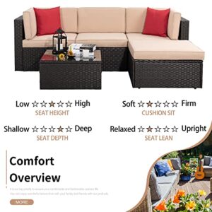 Shintenchi 5 Pieces Patio Furniture Sets Outdoor All-Weather Sectional Patio Sofa Set PE Rattan Manual Weaving Wicker Patio Conversation Set with Glass Table&Ottoman Cushion and Red Pillows