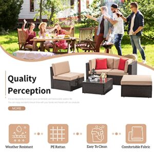 Shintenchi 5 Pieces Patio Furniture Sets Outdoor All-Weather Sectional Patio Sofa Set PE Rattan Manual Weaving Wicker Patio Conversation Set with Glass Table&Ottoman Cushion and Red Pillows