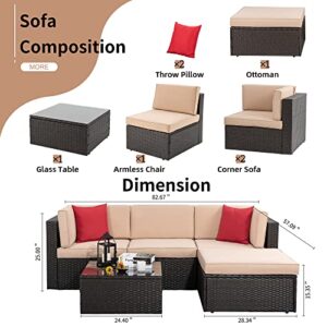 Shintenchi 5 Pieces Patio Furniture Sets Outdoor All-Weather Sectional Patio Sofa Set PE Rattan Manual Weaving Wicker Patio Conversation Set with Glass Table&Ottoman Cushion and Red Pillows