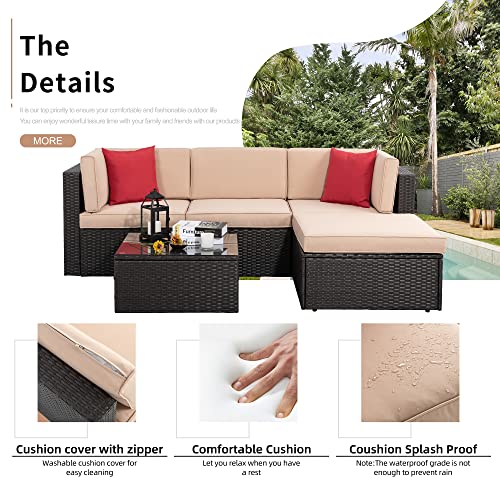 Shintenchi 5 Pieces Patio Furniture Sets Outdoor All-Weather Sectional Patio Sofa Set PE Rattan Manual Weaving Wicker Patio Conversation Set with Glass Table&Ottoman Cushion and Red Pillows