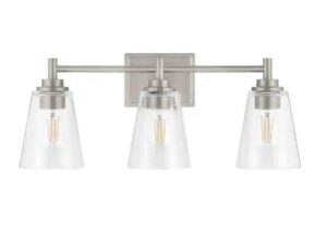 hampton bay 22.5 in. wakefield 3-light brushed nickel modern bathroom vanity light with clear glass shades