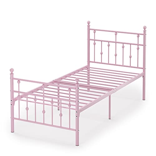 Weehom Pink Metal Bed Frame Twin Size with Headboard Mattress Foundation Support Heavy Duty Steel Slat No Box Spring Need for Girls