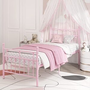 weehom pink metal bed frame twin size with headboard mattress foundation support heavy duty steel slat no box spring need for girls