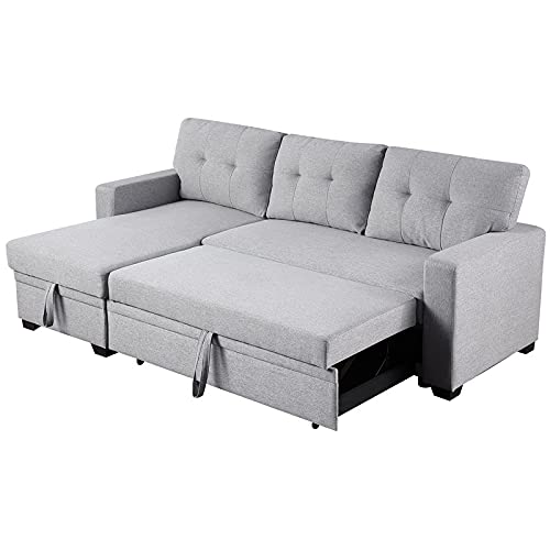 Pemberly Row Contemporary Fabric Reversible Sleeper Sectional Sofa in Light Gray