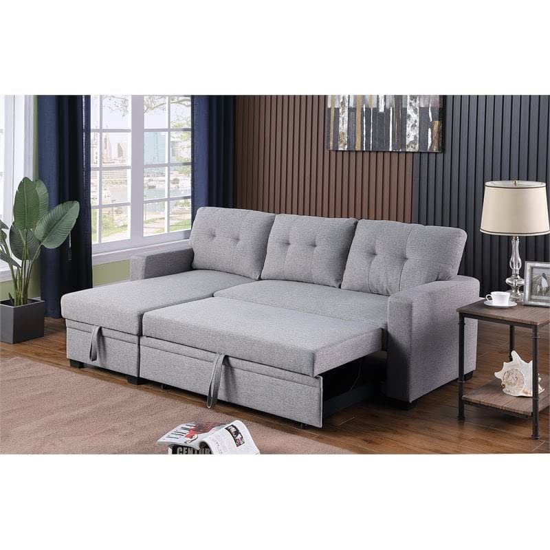 Pemberly Row Contemporary Fabric Reversible Sleeper Sectional Sofa in Light Gray