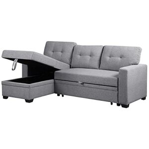 Pemberly Row Contemporary Fabric Reversible Sleeper Sectional Sofa in Light Gray