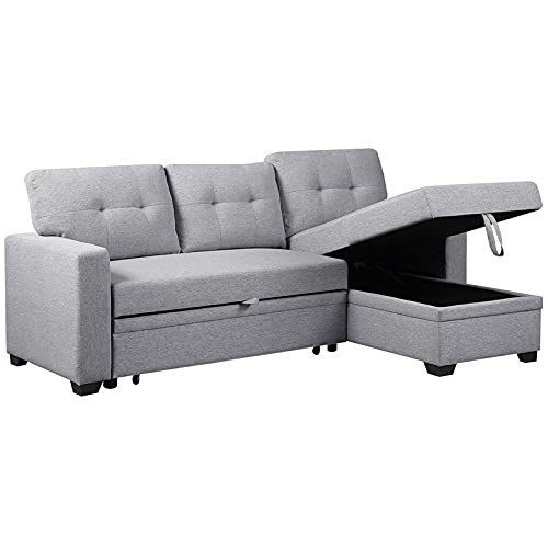 Pemberly Row Contemporary Fabric Reversible Sleeper Sectional Sofa in Light Gray