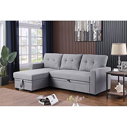 Pemberly Row Contemporary Fabric Reversible Sleeper Sectional Sofa in Light Gray