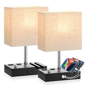 bedside lamps for bedroom set of 2, kakanuo fully dimmable small beige nightstand lamps with usb c ports and 2 charging outlets, wooden table lamp with phone stands for living room, led bulbs included