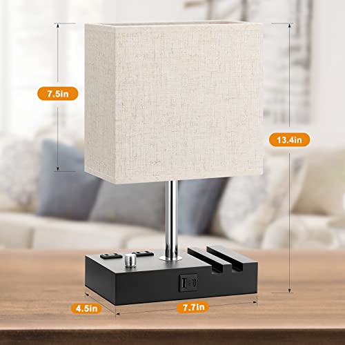 Bedside Lamps for Bedroom Set of 2, Kakanuo Fully Dimmable Small Beige Nightstand Lamps with USB C Ports and 2 Charging Outlets, Wooden Table Lamp with Phone Stands for Living Room, LED Bulbs Included