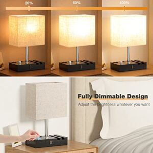 Bedside Lamps for Bedroom Set of 2, Kakanuo Fully Dimmable Small Beige Nightstand Lamps with USB C Ports and 2 Charging Outlets, Wooden Table Lamp with Phone Stands for Living Room, LED Bulbs Included