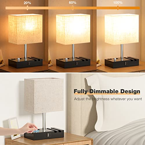 Bedside Lamps for Bedroom Set of 2, Kakanuo Fully Dimmable Small Beige Nightstand Lamps with USB C Ports and 2 Charging Outlets, Wooden Table Lamp with Phone Stands for Living Room, LED Bulbs Included