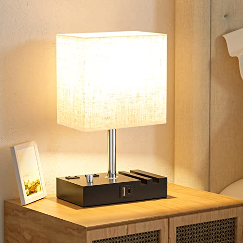 Bedside Lamps for Bedroom Set of 2, Kakanuo Fully Dimmable Small Beige Nightstand Lamps with USB C Ports and 2 Charging Outlets, Wooden Table Lamp with Phone Stands for Living Room, LED Bulbs Included