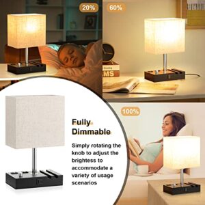 Bedside Lamps for Bedroom Set of 2, Kakanuo Fully Dimmable Small Beige Nightstand Lamps with USB C Ports and 2 Charging Outlets, Wooden Table Lamp with Phone Stands for Living Room, LED Bulbs Included