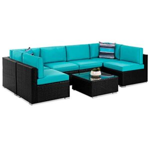 best choice products 7-piece modular outdoor sectional wicker patio furniture conversation sofa set w/ 6 chairs, 2 pillows, seat clips, coffee table, cover included – black/teal