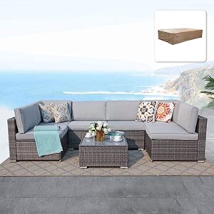 patiorama 7 pieces outdoor patio furniture set, all weather grey pe wicker rattan sectional conversation set, porch garden w/built-in glass table, seat clips, light grey cushions