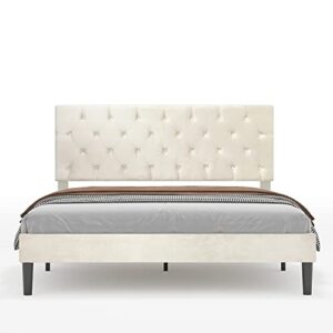 bonsoir queen size bed frame upholstered low profile traditional platform with tufted headboard/no box spring needed/no bed skirt needed/soft faux velvet upholstery/ ivory