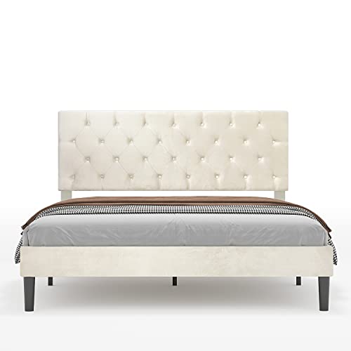 BONSOIR Queen Size Bed Frame Upholstered Low Profile Traditional Platform with Tufted Headboard/No Box Spring Needed/No Bed Skirt Needed/Soft Faux Velvet Upholstery/ Ivory