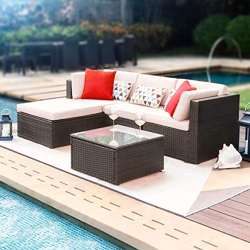 Devoko 5 Pieces Patio Furniture Sets All Weather Outdoor Sectional Patio Sofa Manual Weaving Wicker Rattan Patio Seating Sofas with Cushion and Glass Table(Beige)