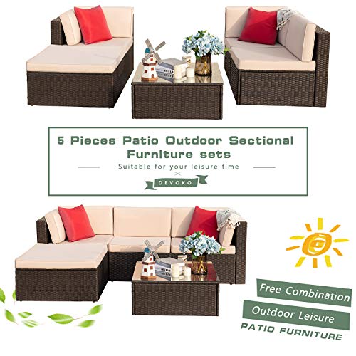 Devoko 5 Pieces Patio Furniture Sets All Weather Outdoor Sectional Patio Sofa Manual Weaving Wicker Rattan Patio Seating Sofas with Cushion and Glass Table(Beige)