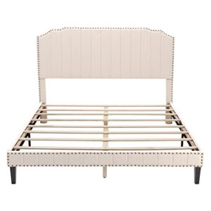 civama Queen Bed Frame with Headboard, Upholstered Platform Beds Modern Linen Mattress Foundation with Nail Head Footboard, No Box Spring Needed, Strong Wood Slats Support, Easy Assembly, Beige