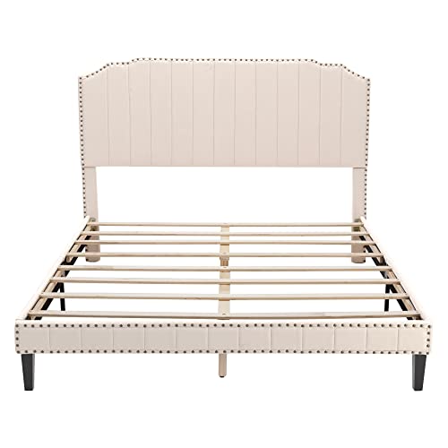 civama Queen Bed Frame with Headboard, Upholstered Platform Beds Modern Linen Mattress Foundation with Nail Head Footboard, No Box Spring Needed, Strong Wood Slats Support, Easy Assembly, Beige