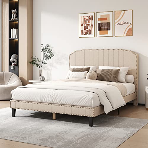 civama Queen Bed Frame with Headboard, Upholstered Platform Beds Modern Linen Mattress Foundation with Nail Head Footboard, No Box Spring Needed, Strong Wood Slats Support, Easy Assembly, Beige