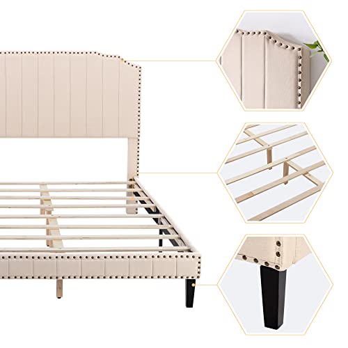 civama Queen Bed Frame with Headboard, Upholstered Platform Beds Modern Linen Mattress Foundation with Nail Head Footboard, No Box Spring Needed, Strong Wood Slats Support, Easy Assembly, Beige